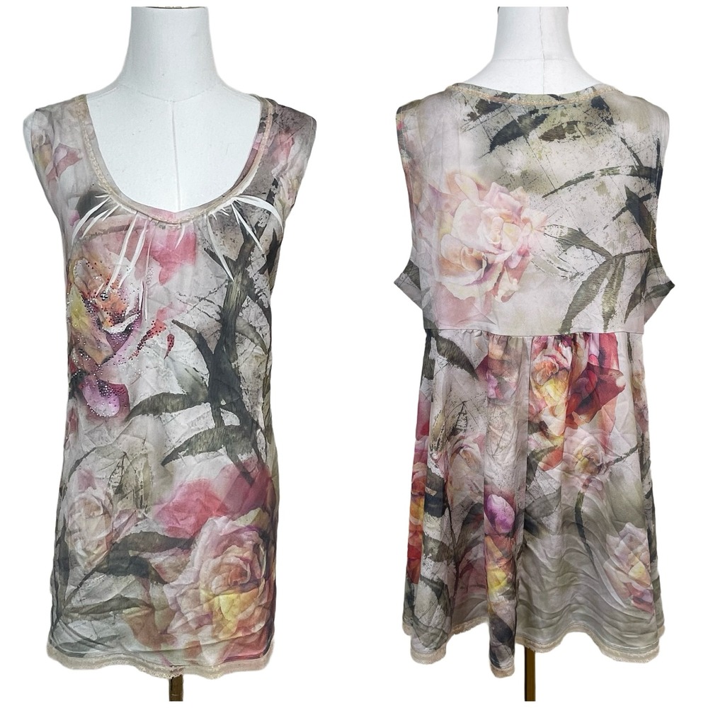Vintage B.L.E.U. Floral Rhinestone Sleeveless Blouse Womens XL Lace Trim Y2K